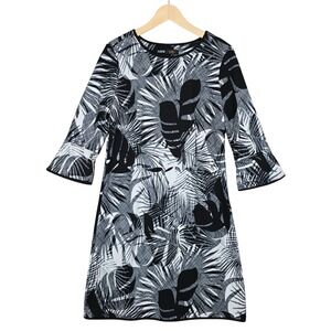 ILE New York Women's Dress Black White Tropical Leaf Print Bell Sleeve 10